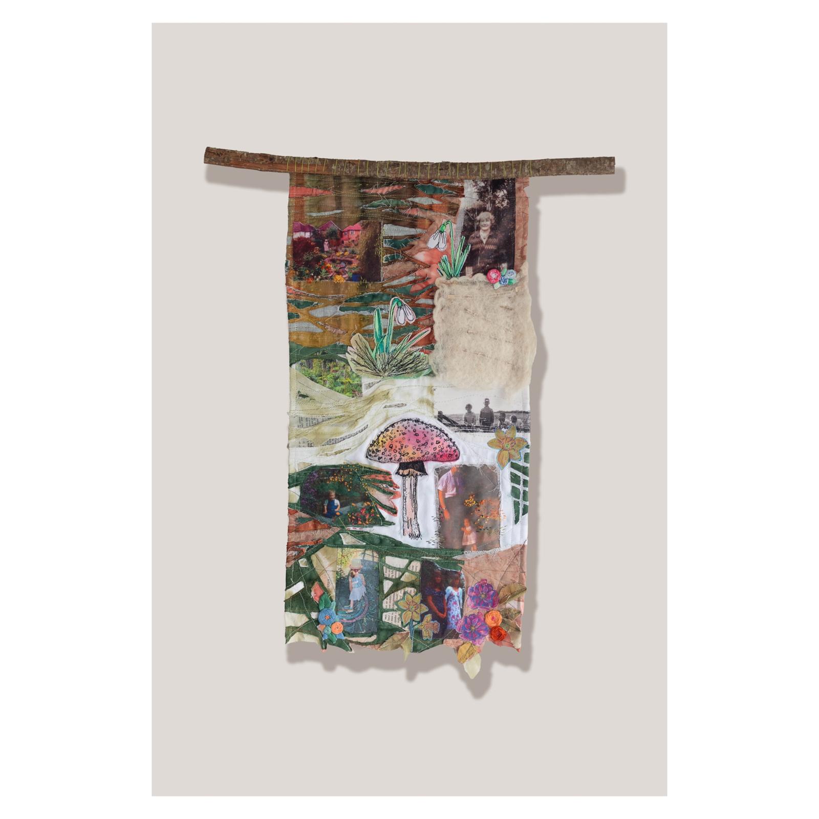 What we planted: a tall hand-dyed hanging in greens and earth tones, hung from a bark baton, layering old family photographs with stitched flowers and gardens.